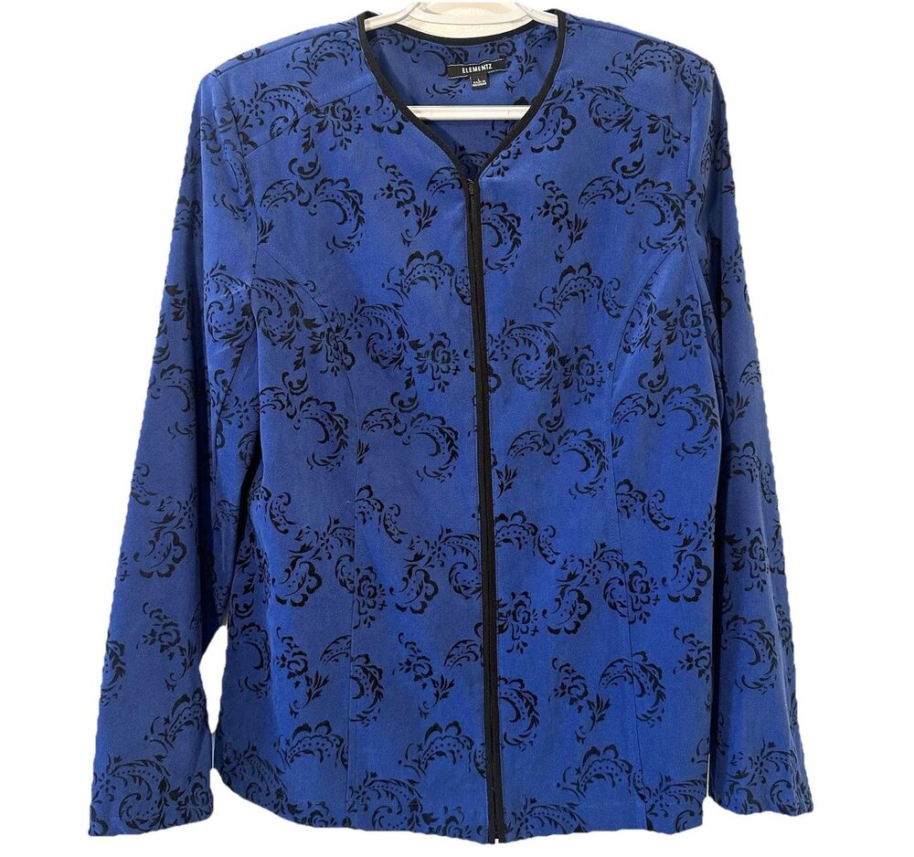 Elementz Blue Black Floral Zip Front Jacket Womens Large Stretch Knit